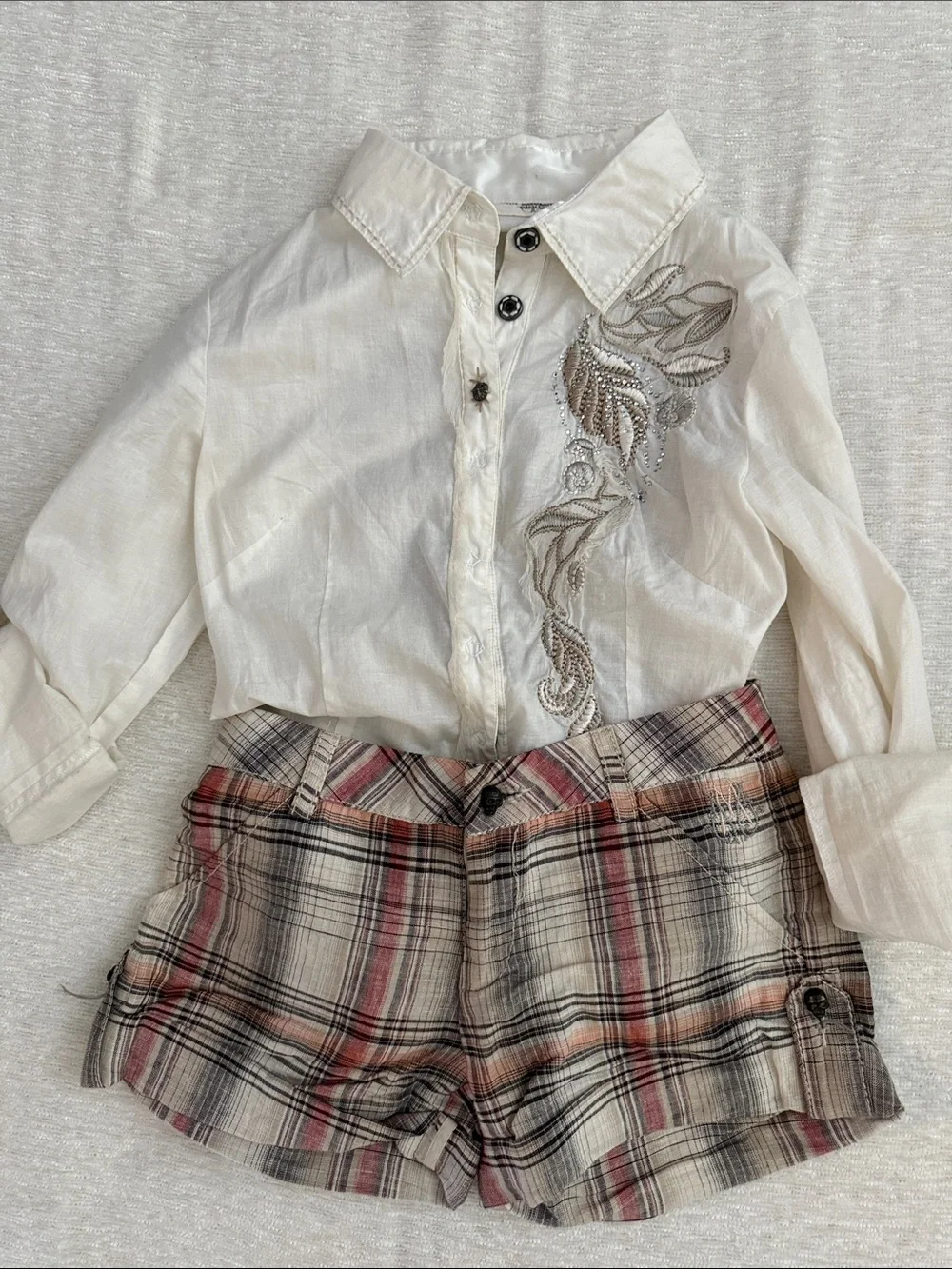Miss Me Plaid Cotton-Blend Shorts in Beige, Red and Black